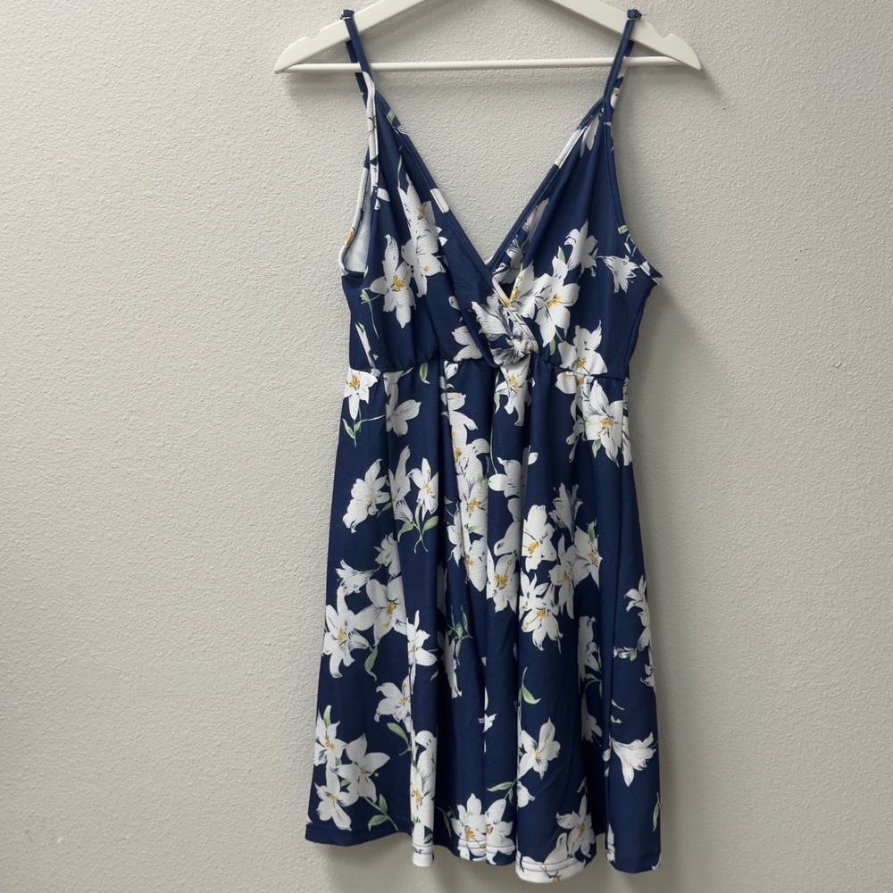 Womens Floral Mini Dress XL Navy Blue V-Neck Sundress Summer Boho Cottagecore